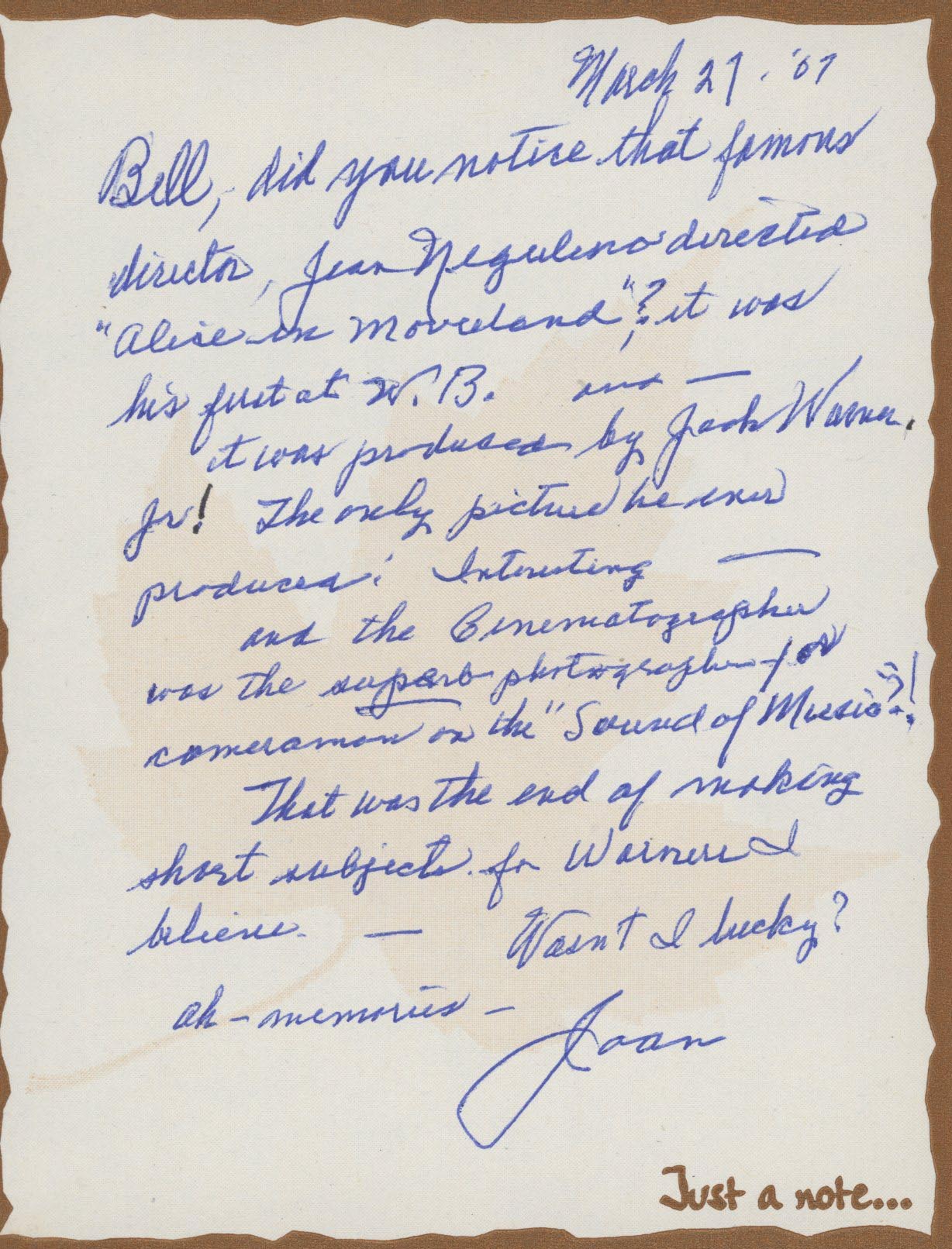 Joan Leslie signed letter