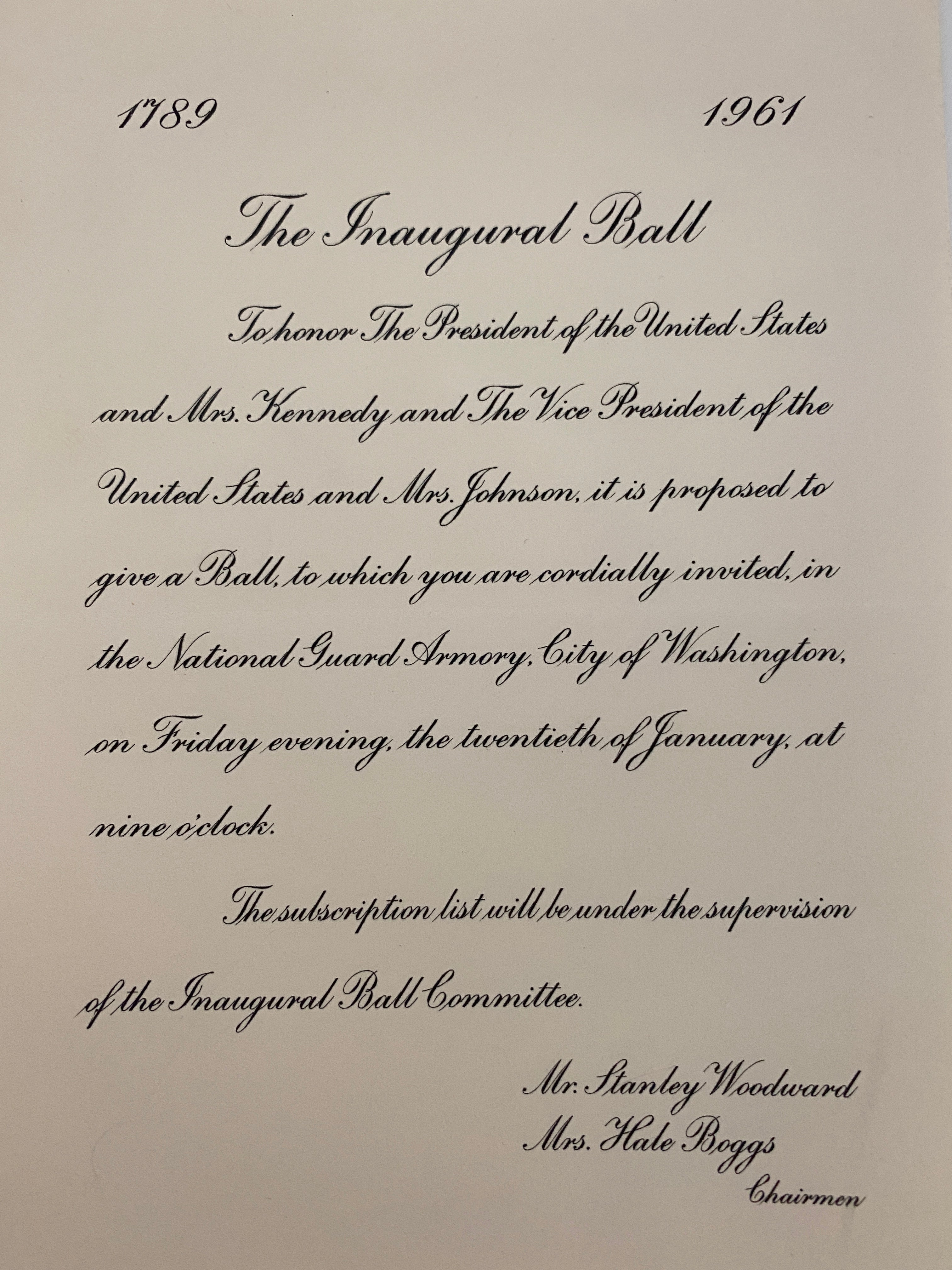 Kennedy, Johnson 1961 Inaugural Ball Invitation